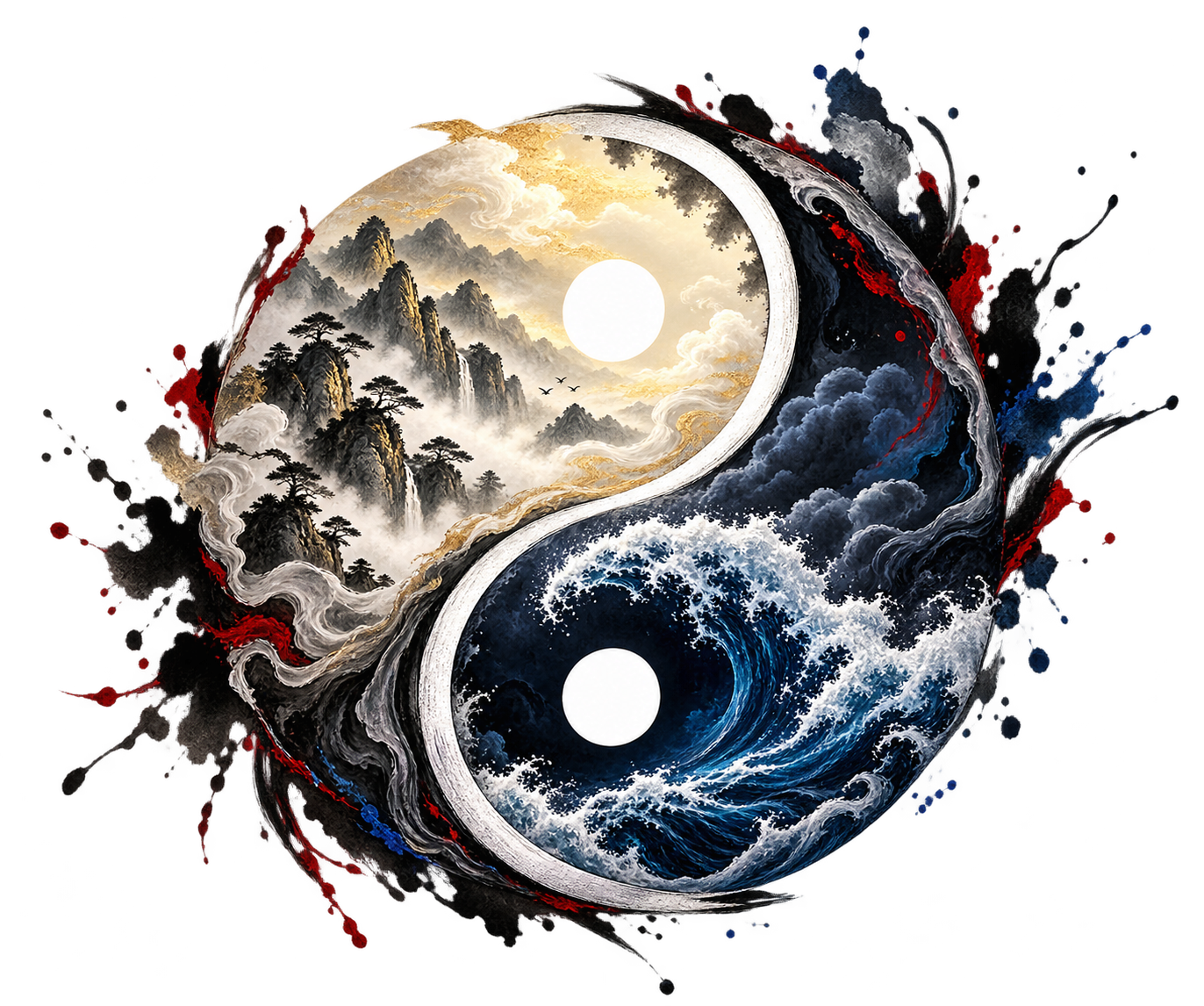 Yin-yang artístico con montañas, nubes y olas en tinta azul y roja
